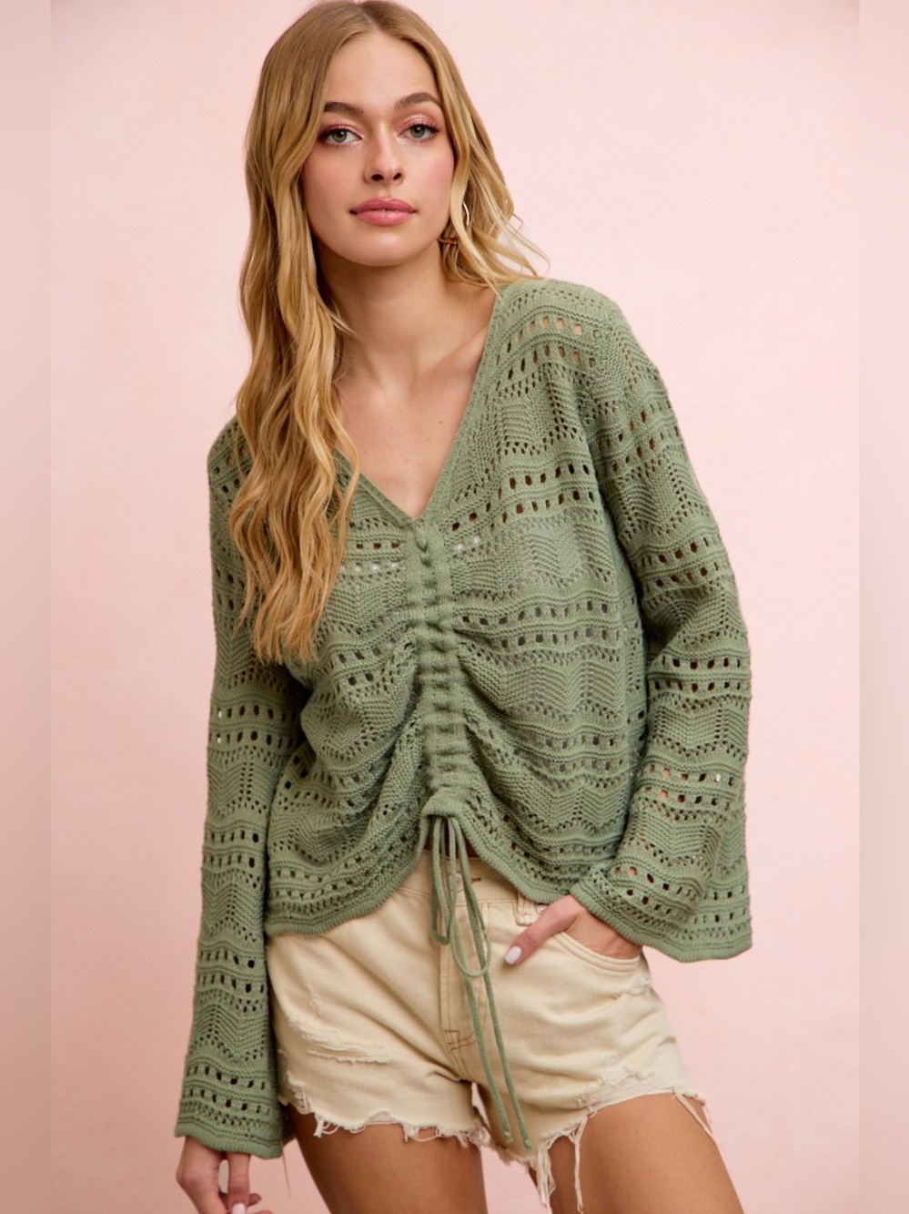 BiBi Pointelle Knit V Neck Ruched Front Lightweight Top